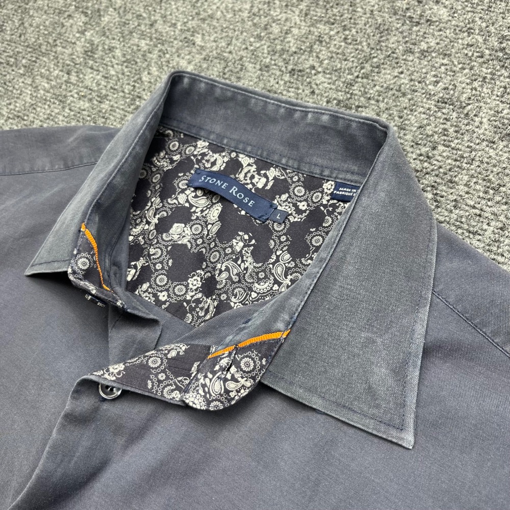 Stone Rose Lyocell Cotton Blend Paisley Trim Charcoal Grey Button Down Shirt